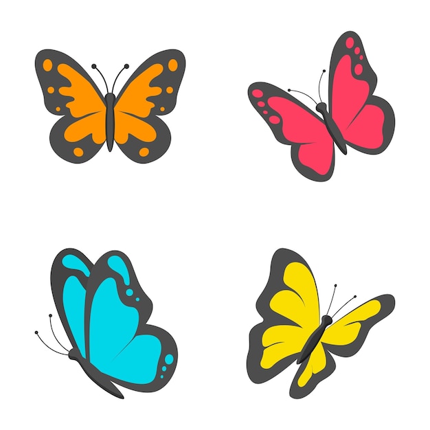 Vector a set of butterflies with different colors and the word butterfly on the front.