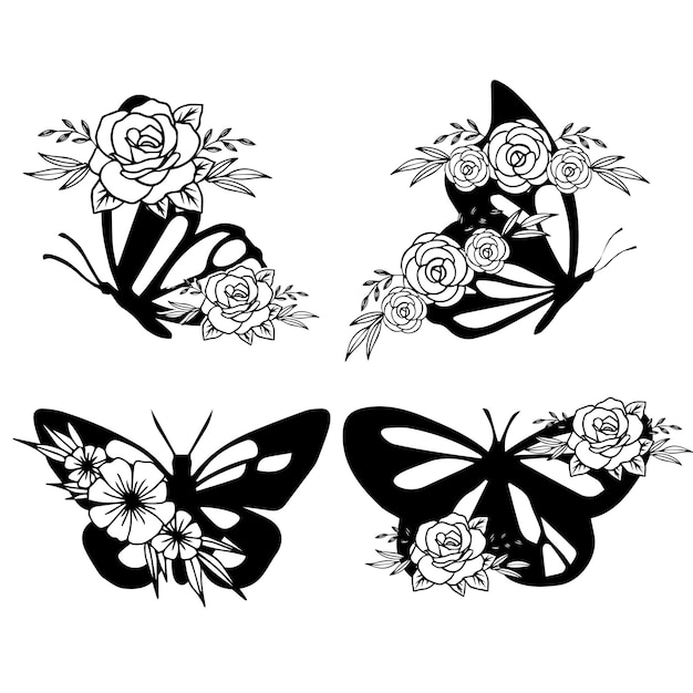 A set of butterflies with flowers and butterflies.