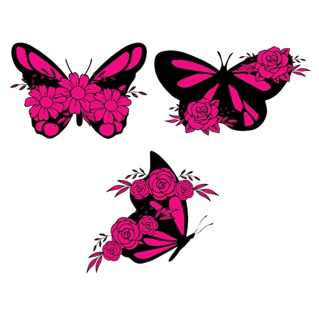 Vector a set of butterflies with pink and black on them and a butterfly on the right.