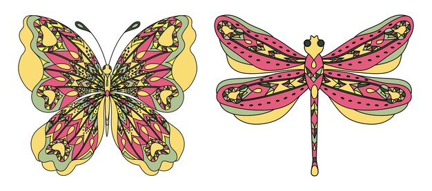 Set butterfly and dragonfly coloring page for adults anti stress in zentangle style