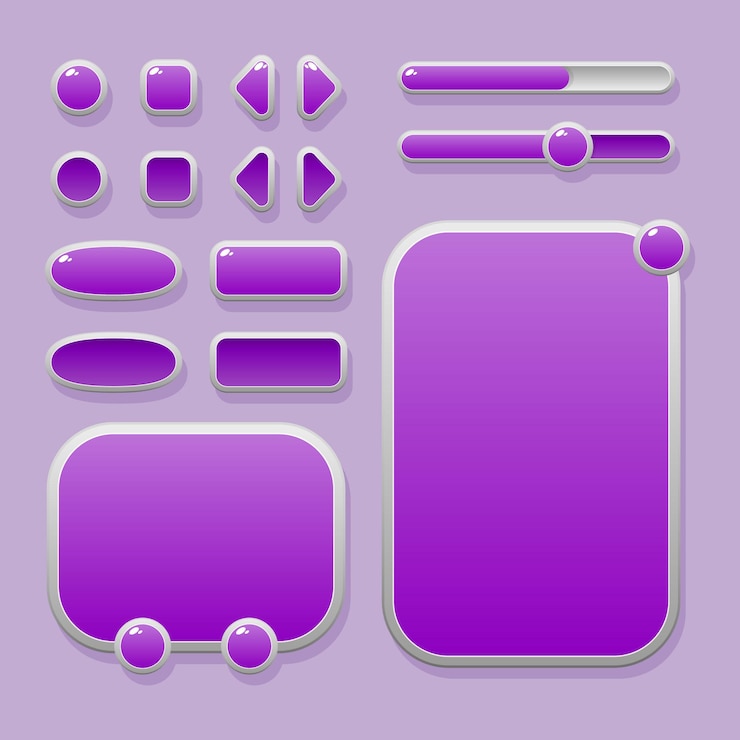 Vector set of buttons of different shapes, windows and progress bars for the design of the user interface