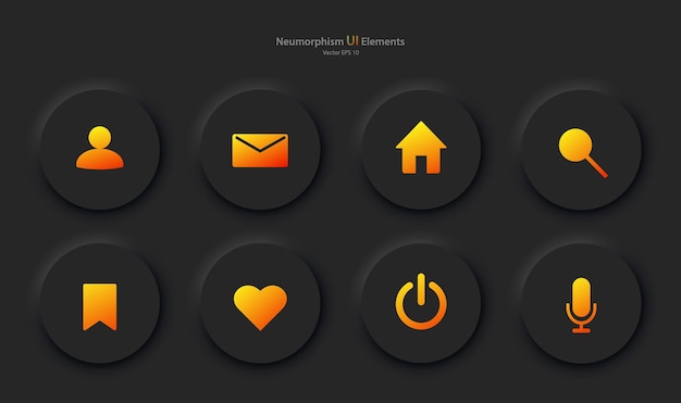 노란색 요소가 있는 검정색의 사용자 인터페이스 디자인용 버튼 세트 Neumorphism UI UX 스타일의 모바일 장치용 아이콘 모음