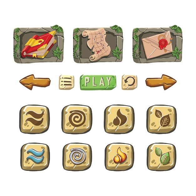 Set of buttons with symbols of the elements air water earth fire hand drawn texture