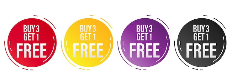 Vector set of buy 3 get 1 free tags sale design red black purple orange and yellow style banner design template for advertising special offer promotion or retail vector illustration