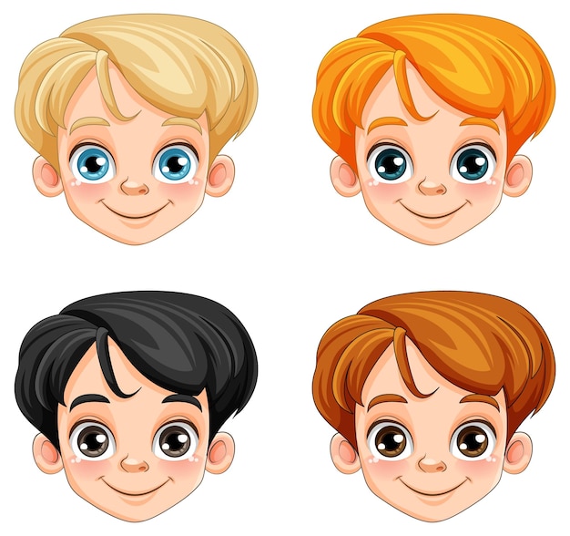 Vector set of c ute boy head cartoon character in different race and ha