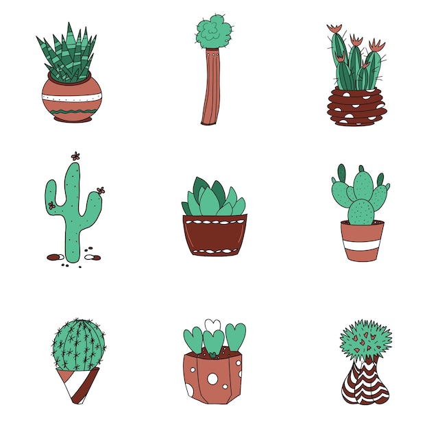 Set of cacti doodles for decoration decoration design