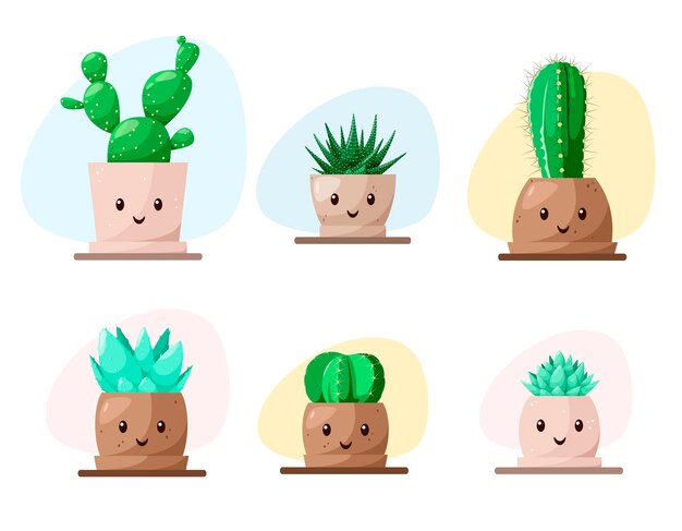 A set of cacti and succulents in pots cartoon design