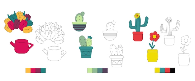Set cactus and flower on pot colored for kids book