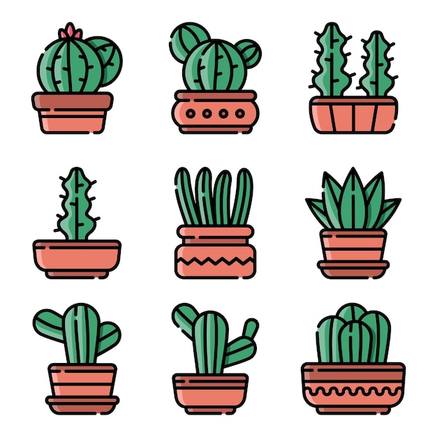 Set of cactus line art illustration vector