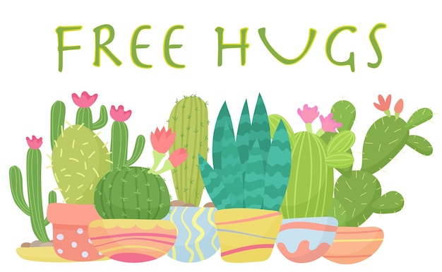 Set cactus met gratis knuffels belettering illustratie