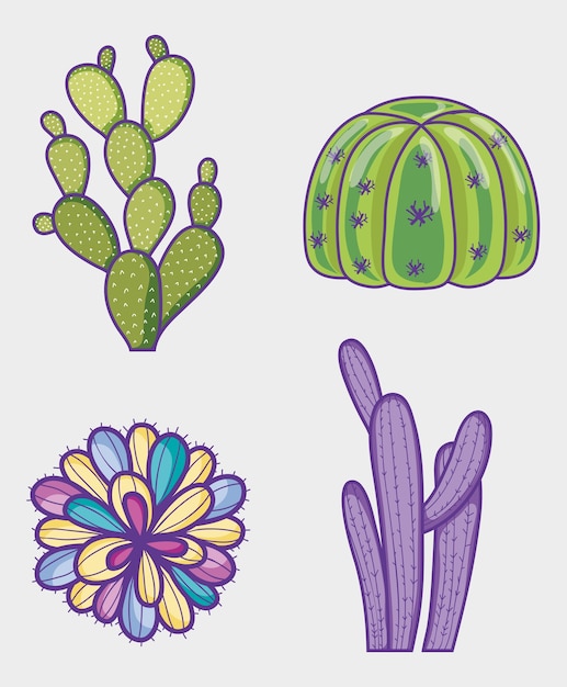 Vector set of cactus and plant cartoons