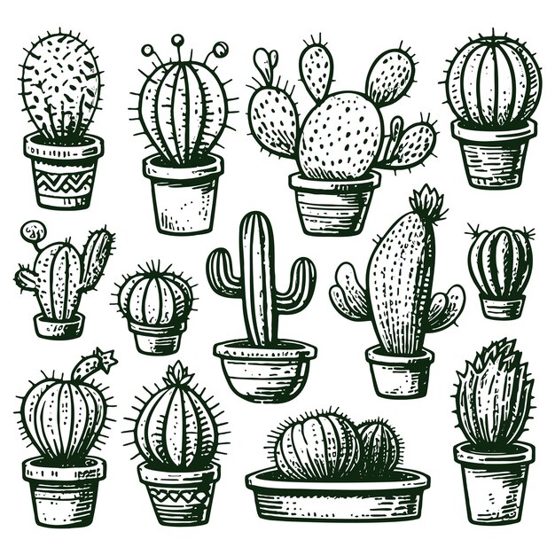 Set of cactuses hand drawn vector illustration