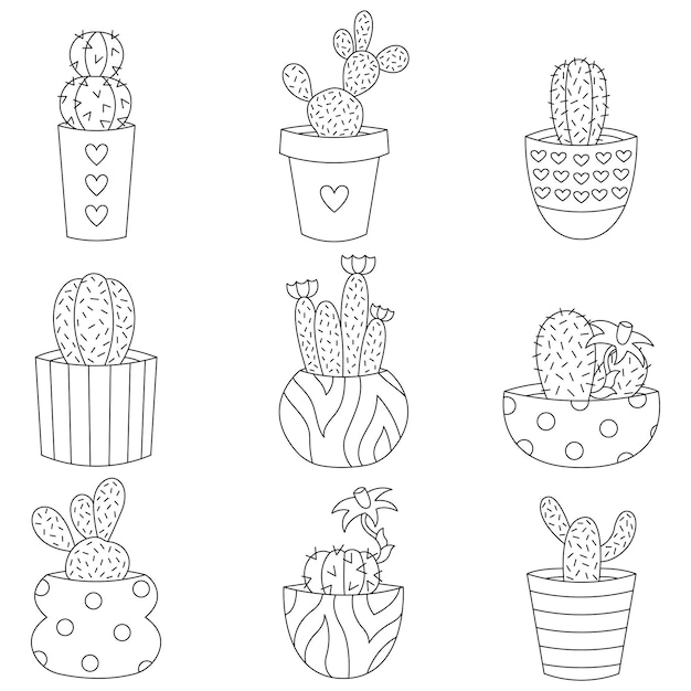 Set of cactuses in pots. Line art icons.