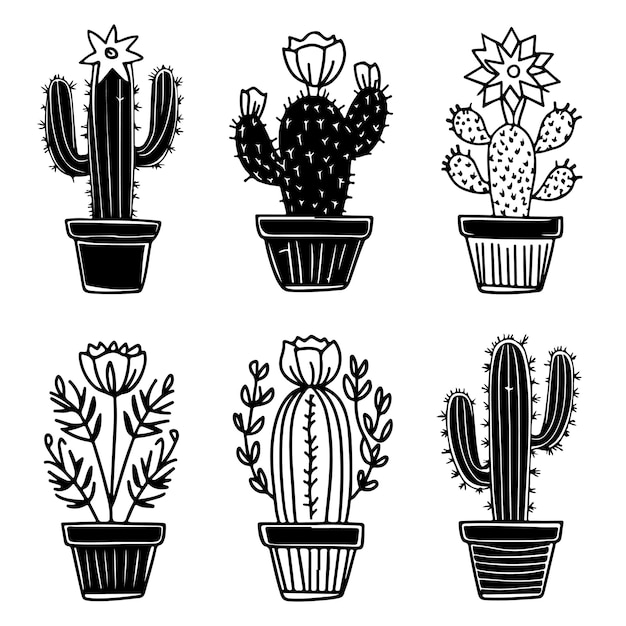 Vector set cactussen met bloemen met de hand getekende illustratie