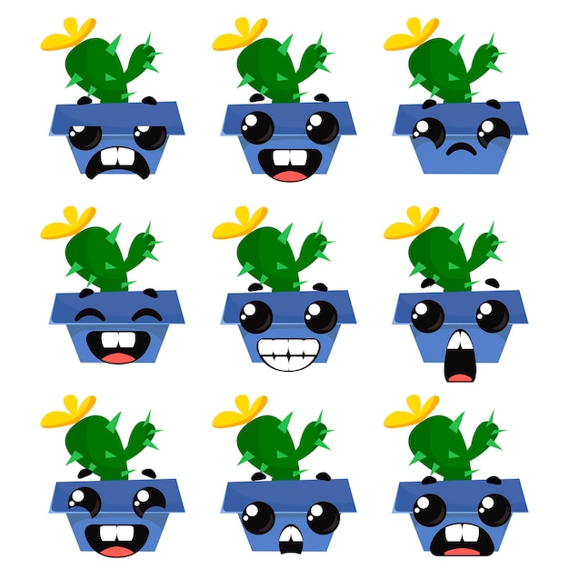 Set cactussen met verschillende emoties kamerplant in de vorm van kinderen vectorillustratie