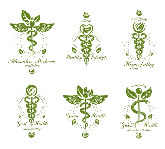 ヘビと緑の葉で作成されたカドゥケウスベクトル概念エンブレムのセット。ウェルネスと調和の比喩。代替医療の概念、植物療法のロゴタイプ。