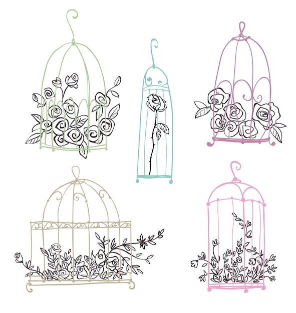 Set of cages with flowers, vector line art