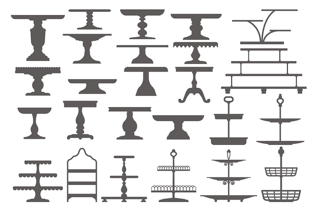 Set of cake stands in flat icon style empty trays for fruit and desserts vector silhouette