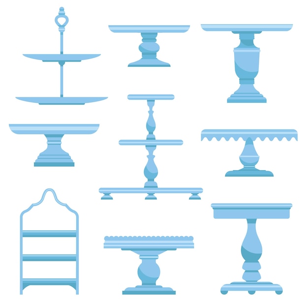 Set cake stands in platte pictogramstijl Leeg dienblad voor fruit en desserts Vectorillustratie