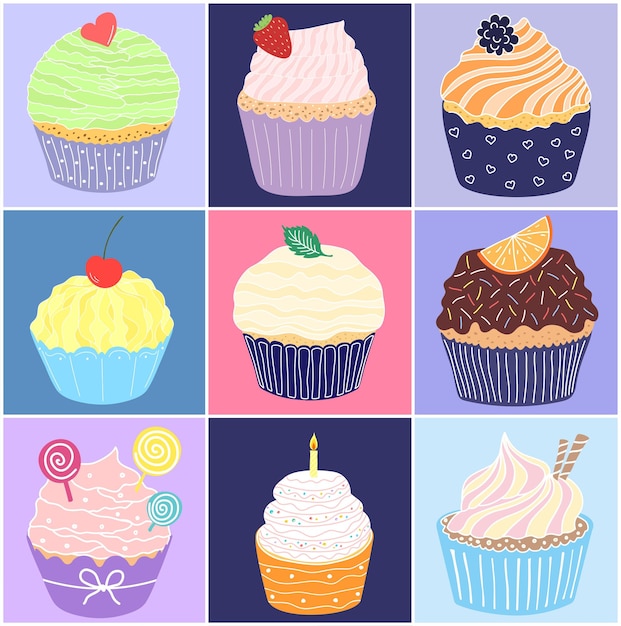 Set of cakes Muffin collection in childish doodle style