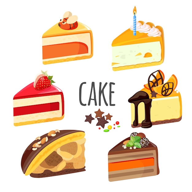 Vector set cakestukjes met fruit, witte en zwarte chocolade, ream jelly en cheesecake vulling