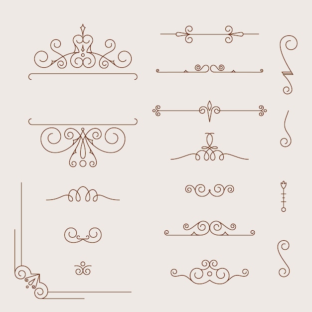 벡터 붓글씨 디자인 요소와 페이지 장식, 빈티지 프레임 컬렉션 설정