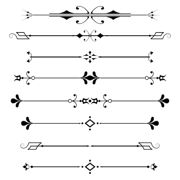 흰색 배경 벡터에 격리된 붓글씨 디자인 요소 및 페이지 장식 구분선 집합