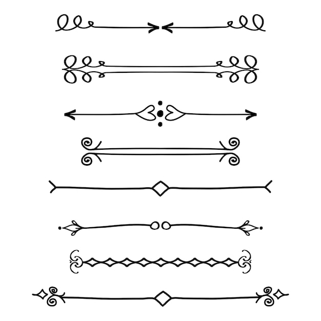 흰색 배경 벡터에 격리된 붓글씨 디자인 요소 및 페이지 장식 구분선 집합