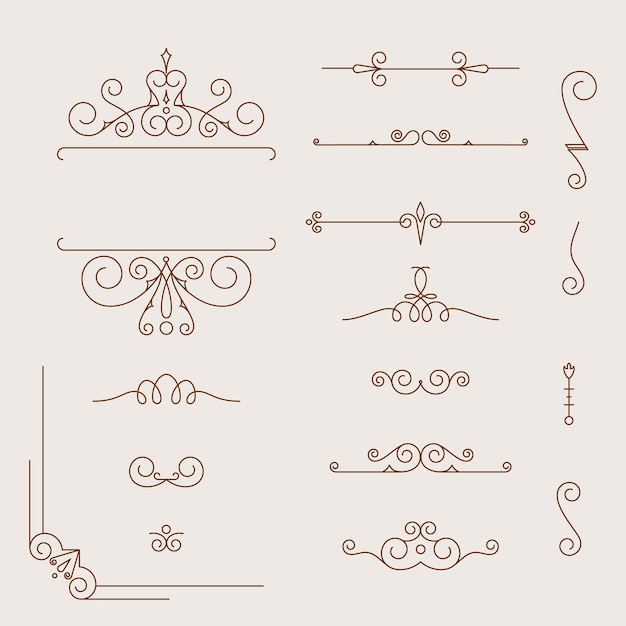 Impostare elementi di design calligrafico e decorazione di pagina, collezione di cornici d'epoca