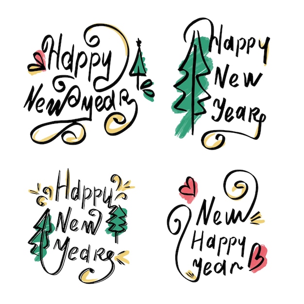 Set of calligraphic lettering Merry Christmas. Beautiful black font with swirls and colored elements