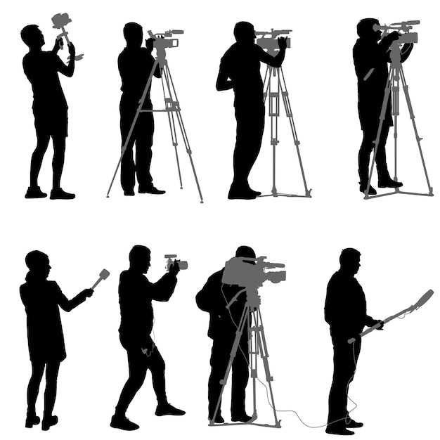 Vector set cameraman with video camera silhouettes on white background