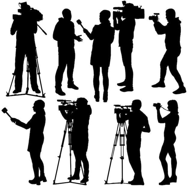 Set cameraman with video camera silhouettes on white background