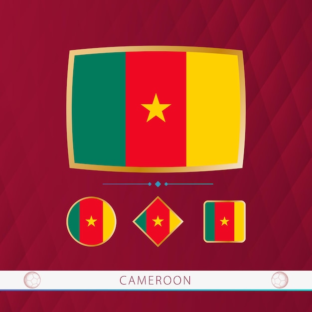 Set of Cameroon flags with gold frame for use at sporting events on a burgundy abstract background