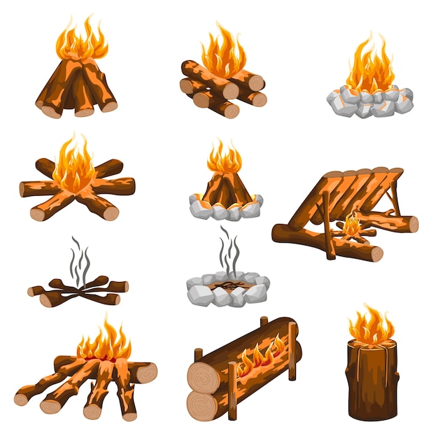 Vector set campfire isolated in flat style on white background. different kind campfire hiking, wooden fire, stone fireplace. cartoon vector illustration for any purpose.