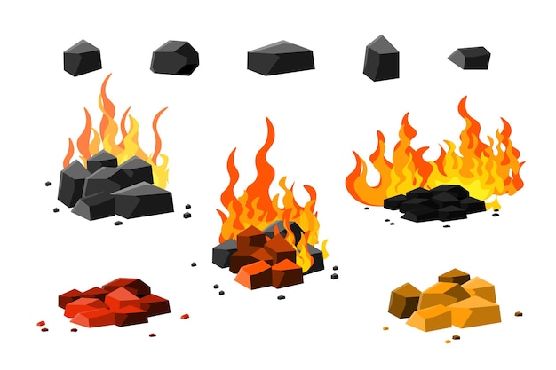 Set of campfires with burning coals in cartoon style Vector illustration of fire flames on coal piles isolated on white background