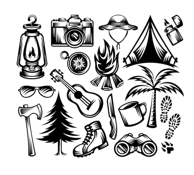 Vector set camping elementen illustratie zwart-wit stijl geïsoleerd
