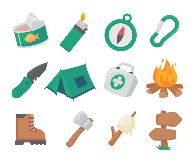 set of camping elements tents bonfires and equipment for resting in the forest