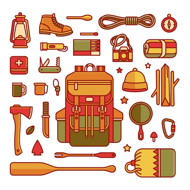 Set of camping equipment vector line illustration