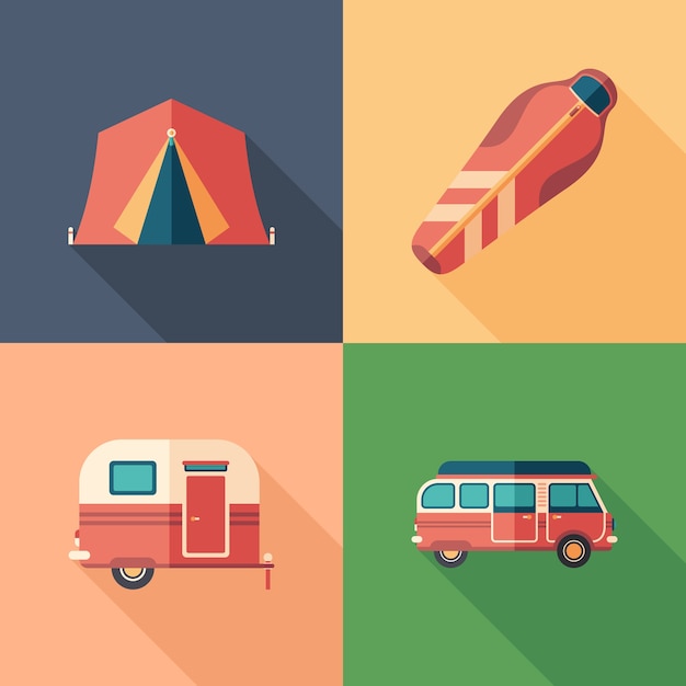 Set of camping flat square icons with long shadows.