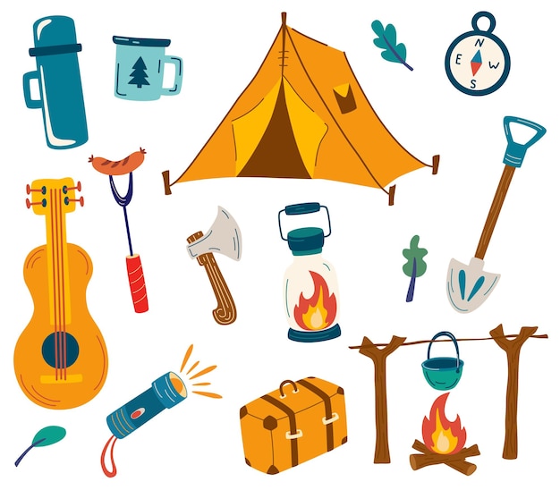 Set of camping items big set of tourist items for vacation luggage icons for travel and hike