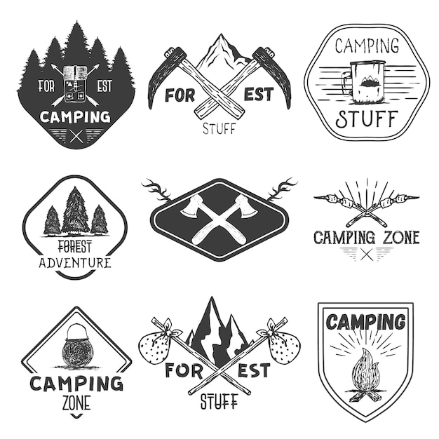 set of camping labels in vintage style