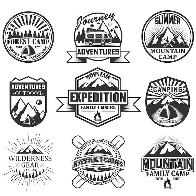 Vector set of camping objects isolated on white background. travel icons and emblems. adventure outdoor labels, mountains, tent, car, rafting, fire.