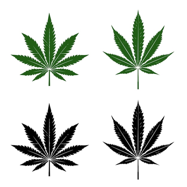 白い背景に隔離された緑と黒の大麻の葉のイラストセット