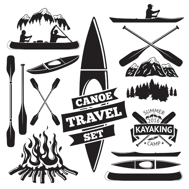 Vector set of canoe and kayak design elements. two man in a boat, oars, mountains, campfire, forest, label. vector