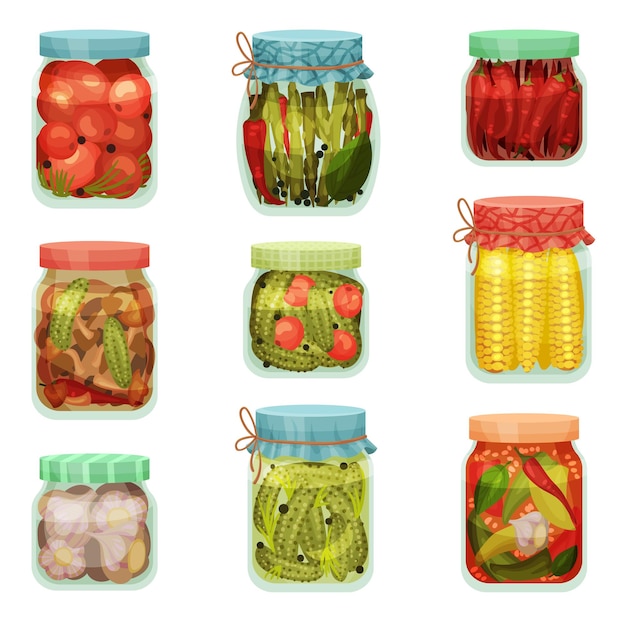 Set of cans of pickles Tomatoes cucumbers garlic corn pepper Vector illustration on white background