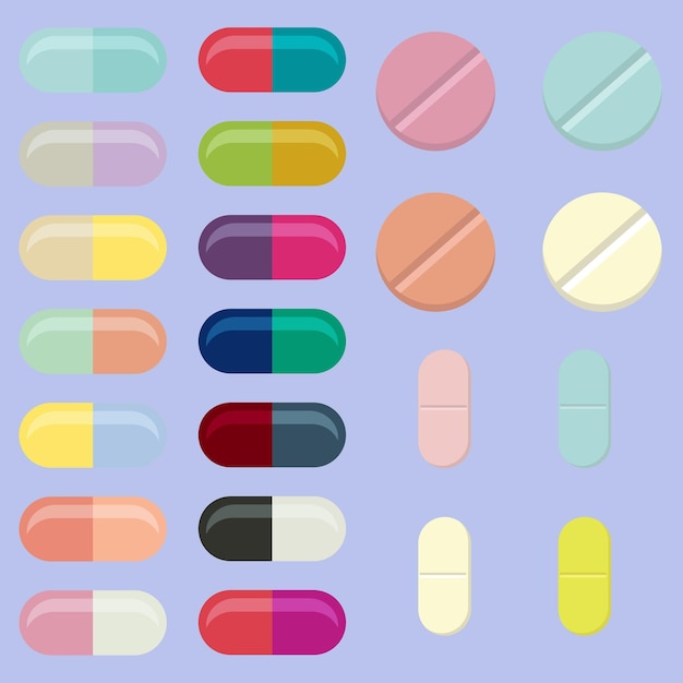 A set of capsules and tablets in different colors and different designs