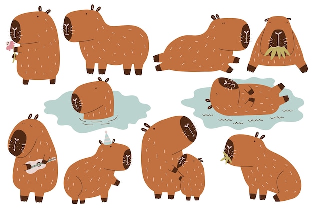 Vettore impostare capybara cute water animal vector collection divertente roditore in stile disegnato a mano