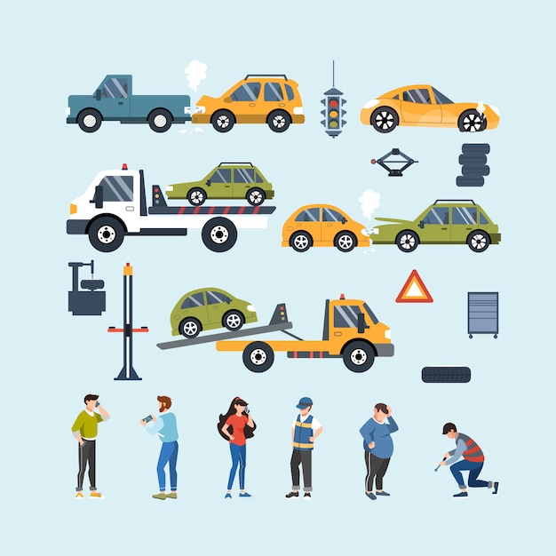 Set of car accident and road assistance  elements. Motor Insurance. Flat  illustration.