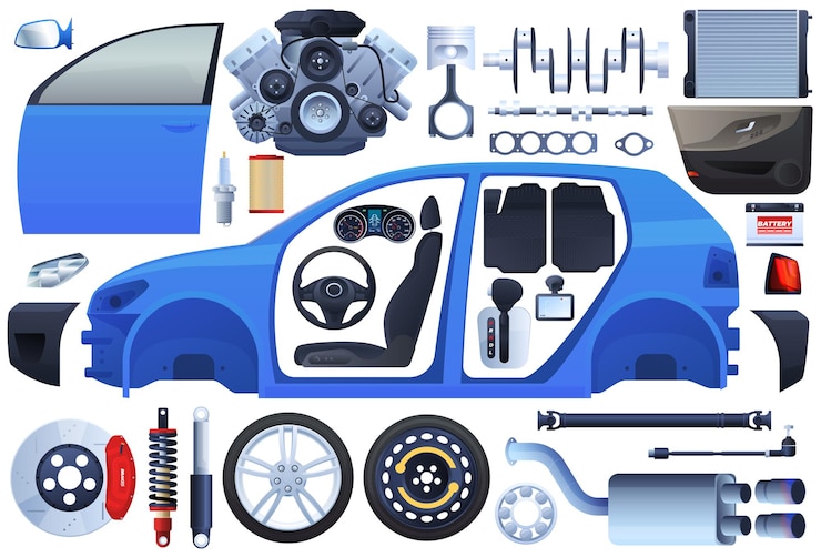 Vector set of car parts. body, chassis, engine, wheels, suspension, interior, seat. 