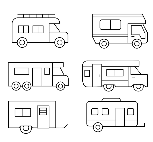 Set of caravan camper van and motorhome line icons